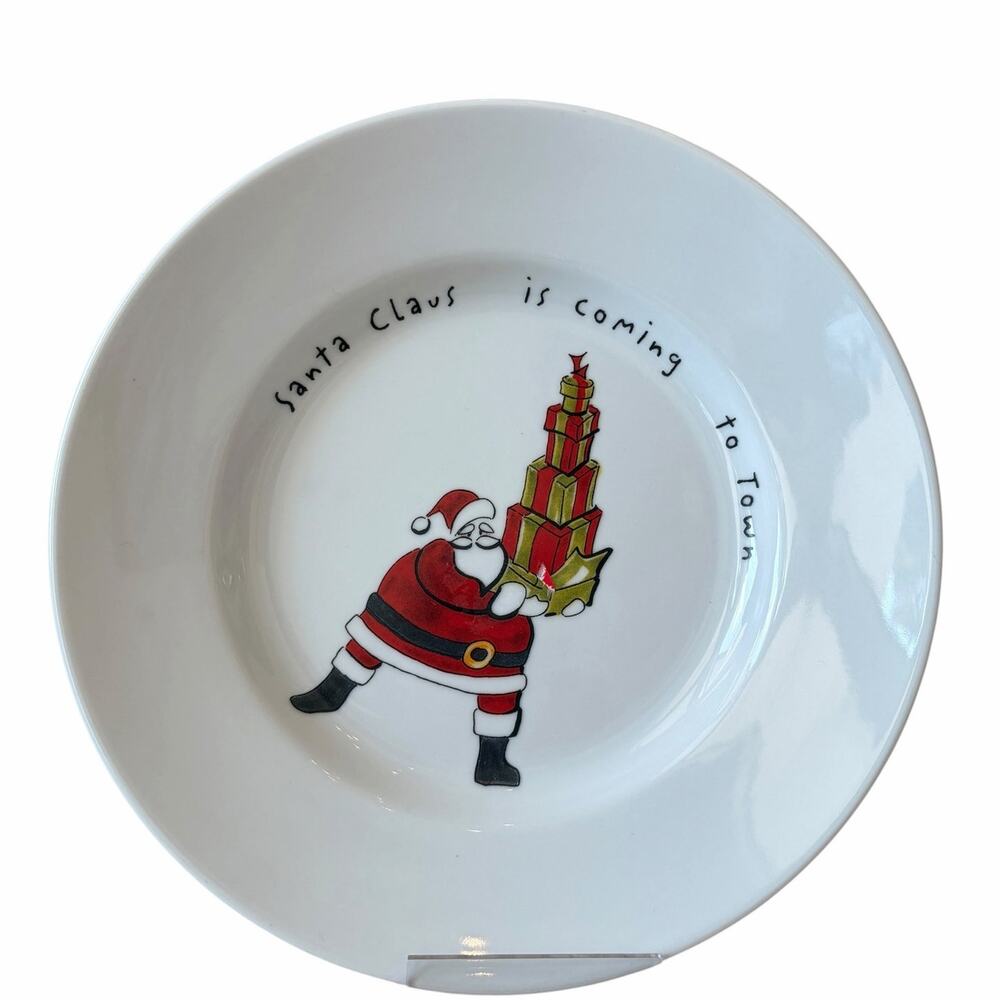 Pottery Barn Holiday Cheer Porcelain Plate 8.5in Santa Claus Is Coming To Town
